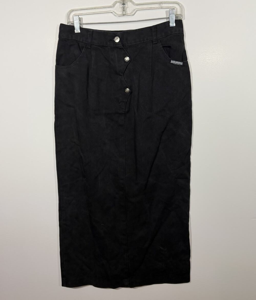 Vintage Black Cotton Denim Button Front Maxi Skirt Size 13/14 Rough Rider